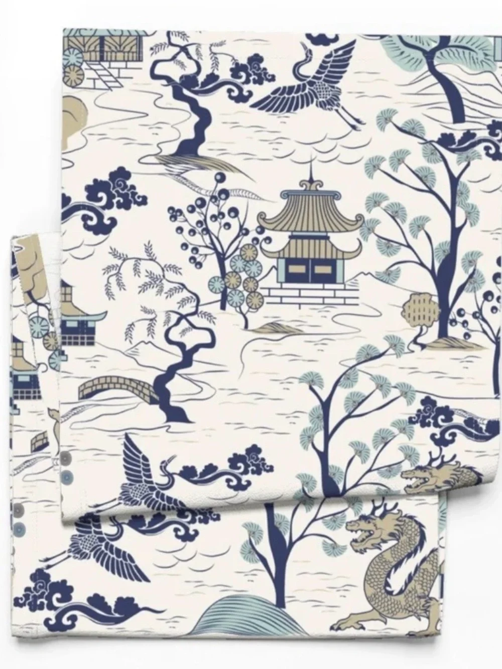 Spoonflower Japanese Village Chinoiserie Pagoda Blue Table Runner